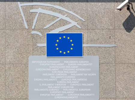 European Parliament entry sign with union flag in all EU languagesのeditorial素材