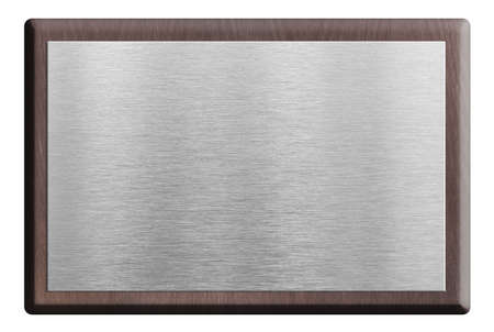 Wooden plaque with silver plate isolated on whiteの写真素材