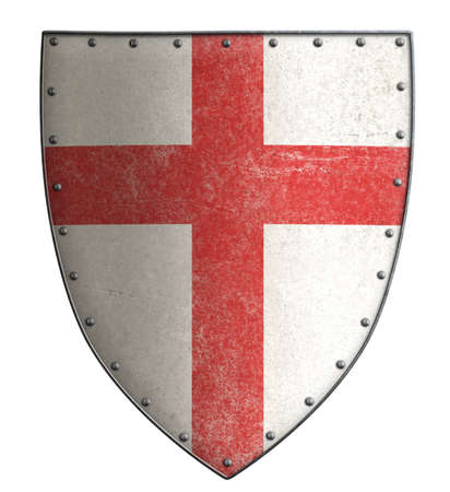 White crusader's shield with red cross isolated on whiteの写真素材