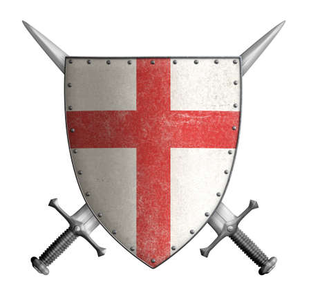 medieval crusader knight shield with cross red and two crossed swords isolatedの写真素材