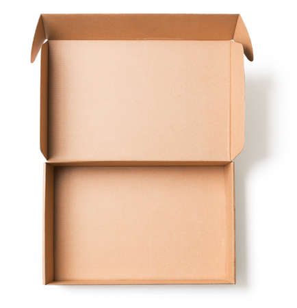 Open cardboard box top view isolated on whiteの写真素材