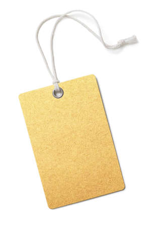 Blank golden paper price or gift tag isolated on whiteの写真素材