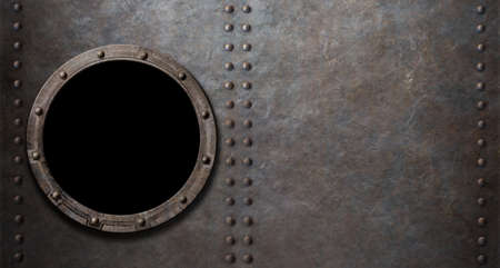 submarine or battleship porthole on metal sideの写真素材