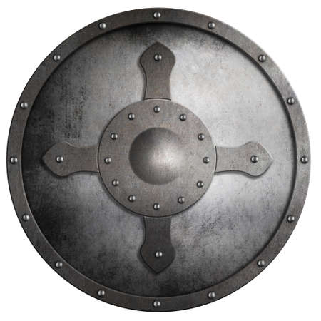 aged round metal crusader's shield isolated on whiteの写真素材