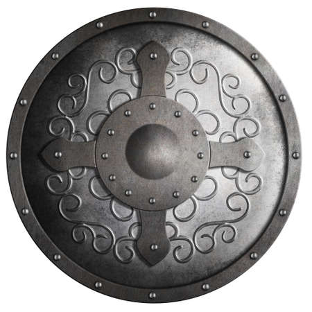 medieval round metal shield with cross and pattern isolatedの写真素材
