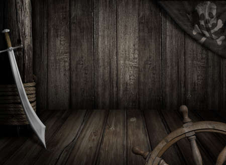 Pirates ship background with old jolly roger flagの写真素材