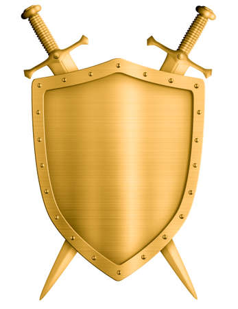 gold medieval knight shield and swords isolated on whiteの写真素材