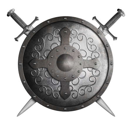 medieval old round metal shield with two swords isolated 3d illustration