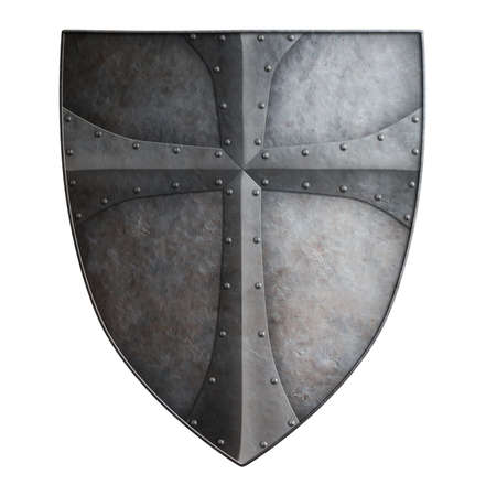 Big medieval crusader's metal shield isolated on white 3d illustrationの写真素材
