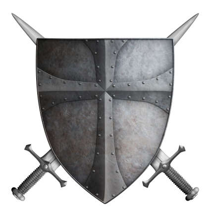 old metal medieval crusader shield and two crossed swords isolated on white 3d illustrationの写真素材