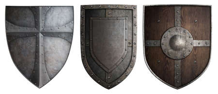 various crusaders knights shields set isolated 3d illustration on whiteの写真素材