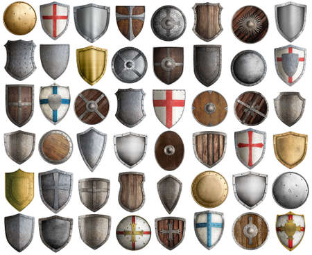 medieval knight shields big set 3d illustration isolated on whiteの写真素材
