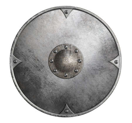 metal round shield isolated 3d illustration on whiteの写真素材