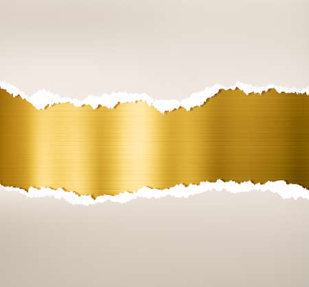 Torn paper with gold or brass metal backgroundの写真素材