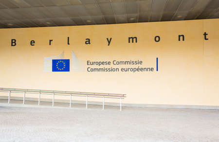 BRUSSELS, BELGIUM - AUG 9, 2014: Berlaymont building entrance. Berlaymont houses headquarters of European Commission.のeditorial素材
