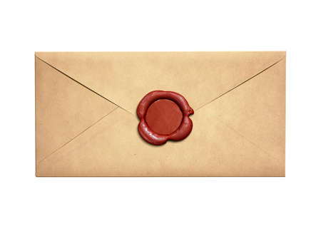 Old narrow letter envelope with red wax seal isolatedの写真素材