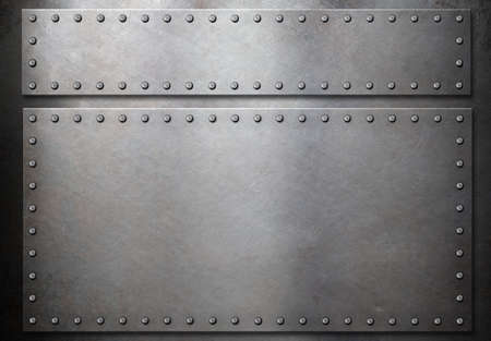 two steel plates with rivets over metal backgroundの写真素材