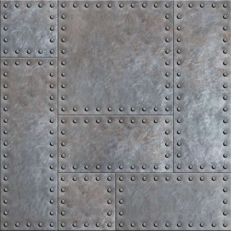 Old stained metal plates with rivets seamless background or textureの写真素材