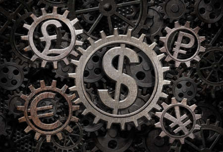 different currencies working gears 3d illustrationの写真素材