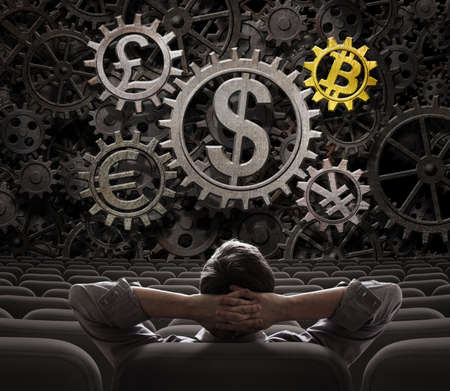 trader or investor looking on main currencies working gears including bitcoin 3d illustrationの写真素材