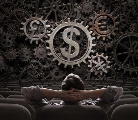trader or investor looking on main currencies working gears 3d illustrationの写真素材