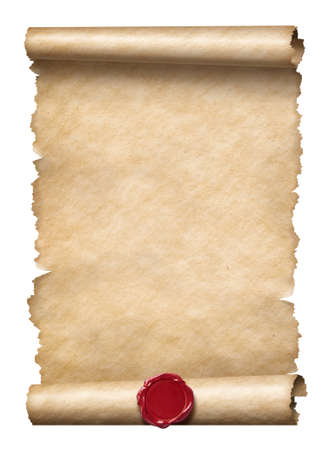 Old scroll or letter with wax seal isolated on whiteの写真素材