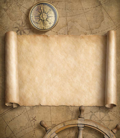 old blank nautical map with steering wheelsの写真素材