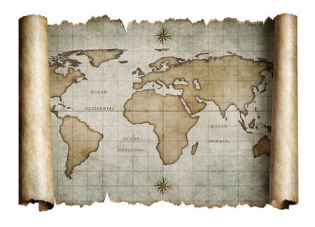 old nautical world map scroll isolatedの写真素材