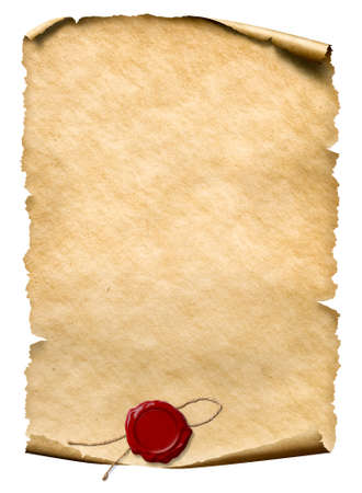 parchment with wax seal isolated on whiteの写真素材
