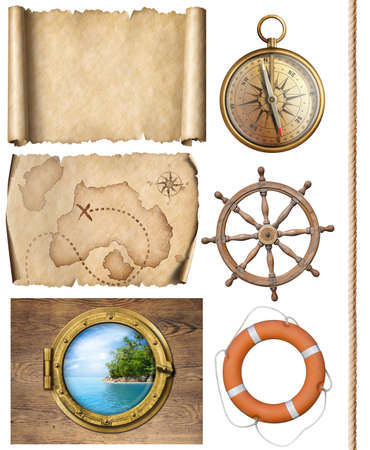 nautical objects rope, maps, compass, steering wheel and porthole 3d illustrationの写真素材