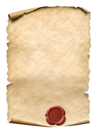parchment with red wax seal isolated on whiteの写真素材