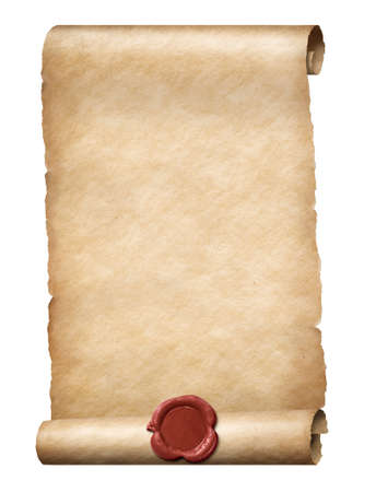 parchment scroll with red wax seal isolated on whiteの写真素材
