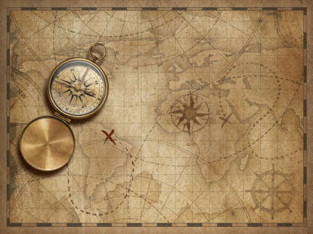 adventure and explore with old nautical world map 3d illustration (map elements are furnished by NASA)の写真素材