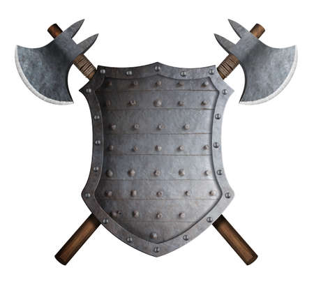 metal spiked shield and two crossed battle axes 3d illustration