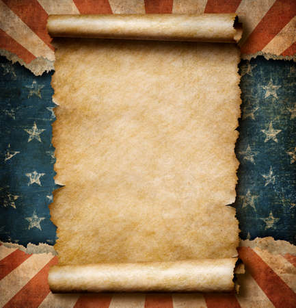 Grunge blank paper scroll over USA flag independence day template 3d illustrationの写真素材