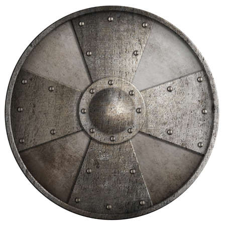 metal medieval round shield with cross isolated on white 3d illustrationの写真素材