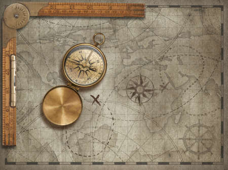 Old map background with compass and ruler. Adventure or discovery concept.の写真素材