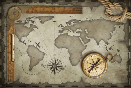 Old map background with compass and ruler. Adventure or discovery concept.の写真素材