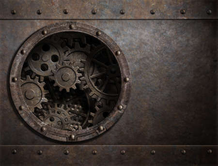 rusty metal background with porthole and gears inside 3d illustrationの写真素材