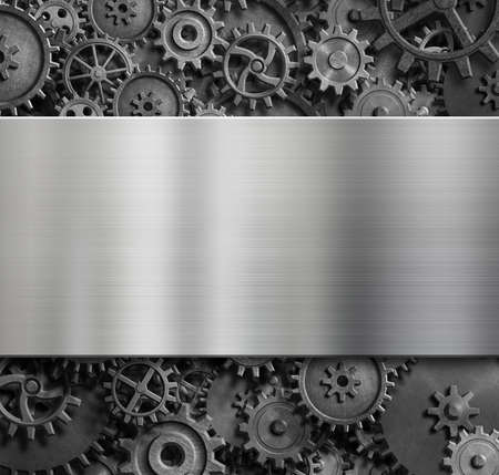 metal plate background with cogs and gears 3d illustrationの写真素材
