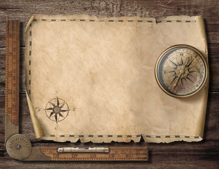 Old blank map background with compass. Adventure and travel concept. 3d illustration.の写真素材