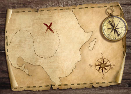 Old treasure pirates map with compass on wood table. 3d illustration.