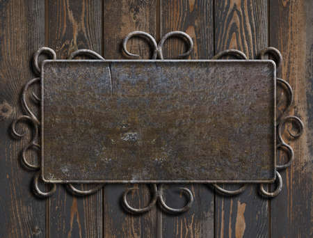 Old metal plate or sign on vintage wooden door 3d illustrationの写真素材