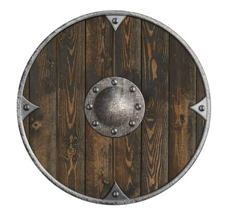 old wooden vikings' shield isolated on whiteの写真素材