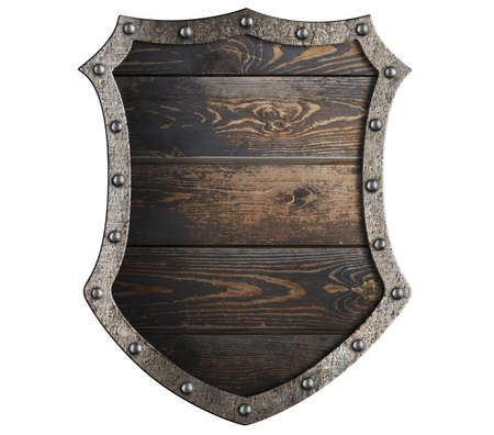Wooden medieval shield with metal frame isolated 3d illustrationの写真素材