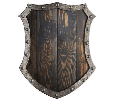Wooden medieval shield with metal frame isolated 3d illustrationの写真素材