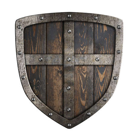 Wooden medieval vikings shield with metal frame and cross 3d illustrationの写真素材