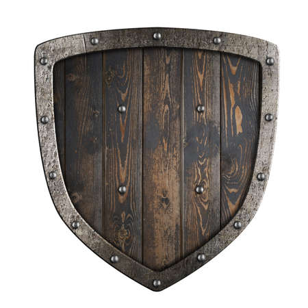 Wooden medieval vikings shield with metal frame 3d illustrationの写真素材