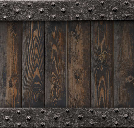 medieval background with old metal frame over wooden planks 3d illustrationの写真素材