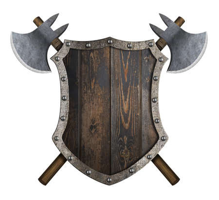 Wooden medieval shield with crossed axes 3d illustrationの写真素材